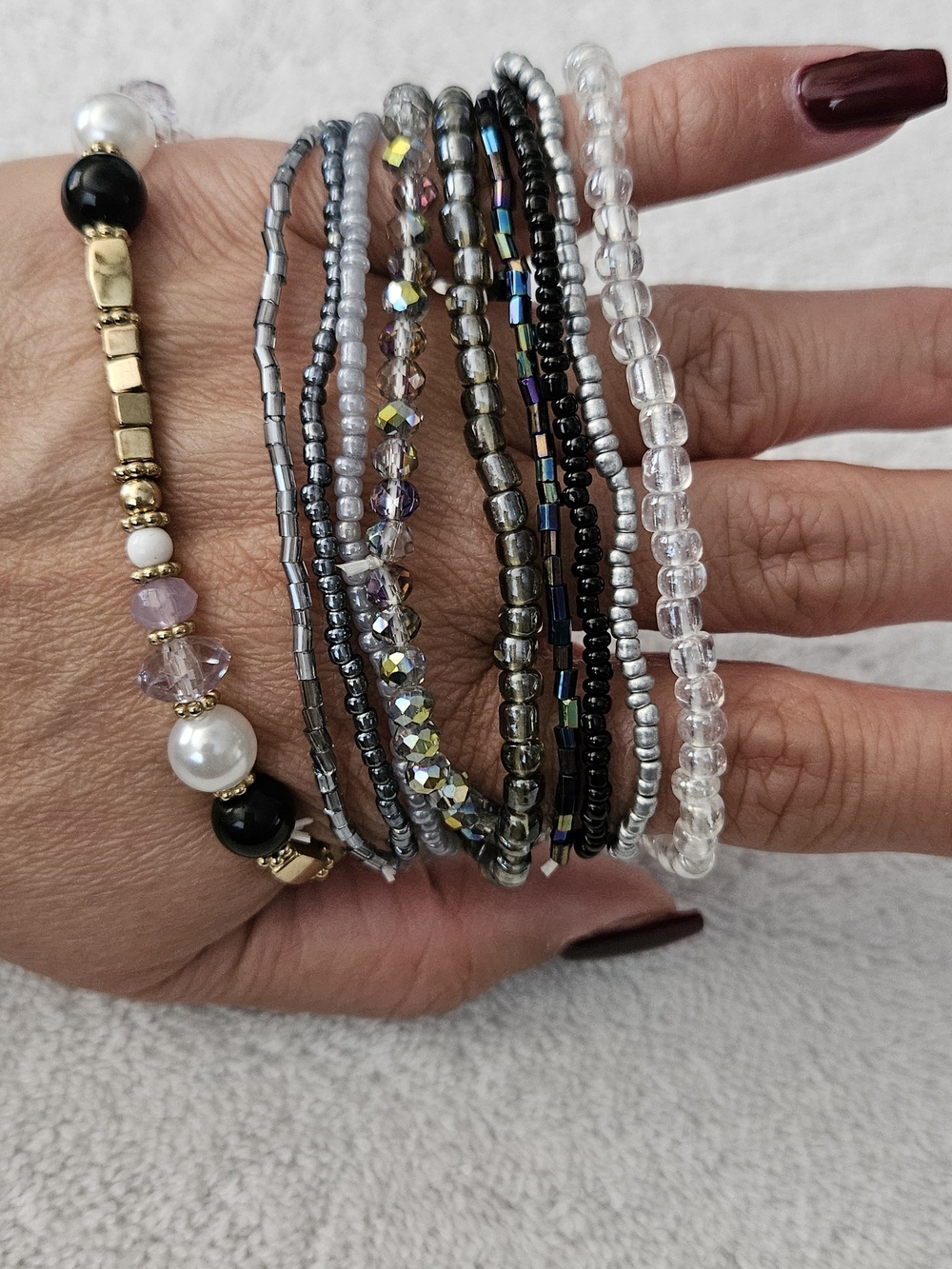 Amazon Silver, Clear & Black Multi-Strand Beaded Stretch Bracelet Set
